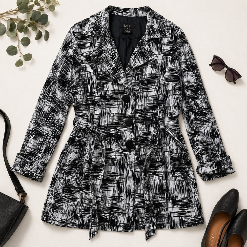 Talie Trench Coat XL Black White Abstract Print Belted Lightweight Jacket